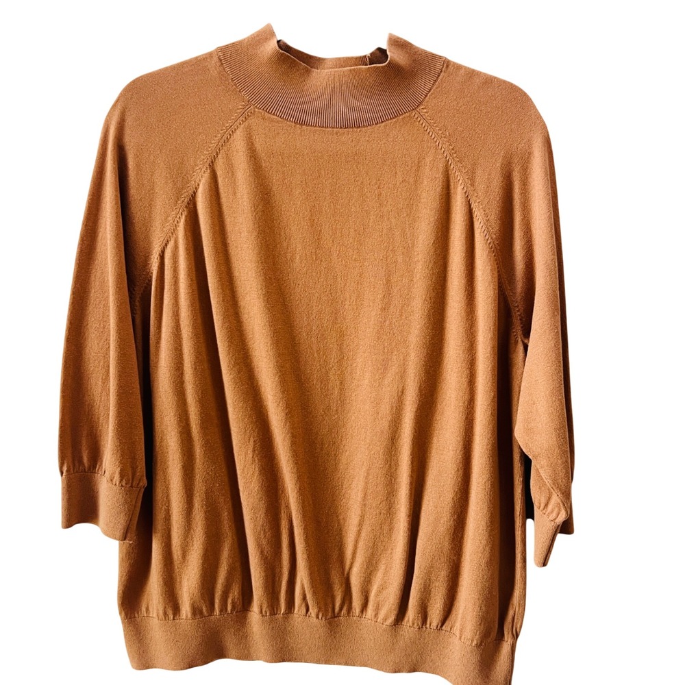 Talbots Woman Petites Brown Tan Mock Neck 3/4 Sleeve Cotton Rayon Sweater 3XP